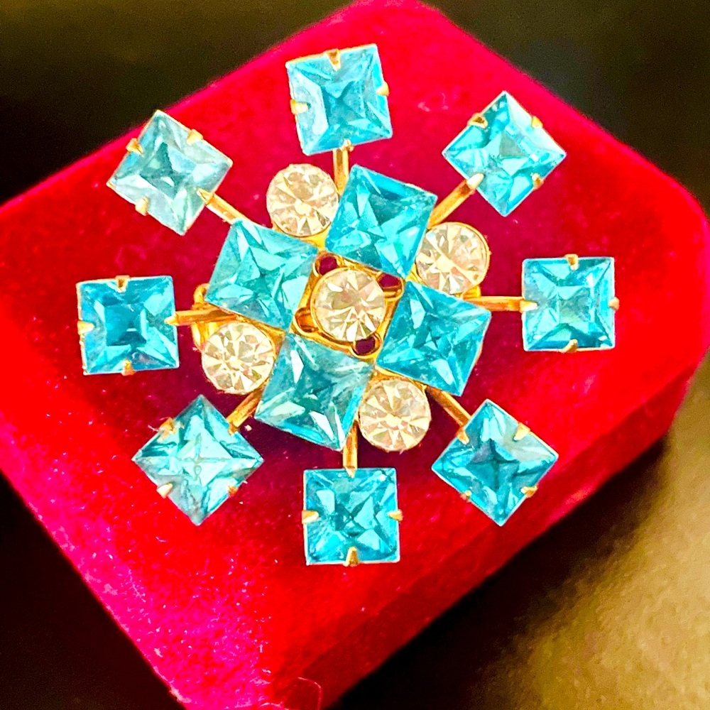 Vintage Turquoise Blue and Clear Rhinestone Brooch